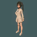 3D Model Anime Character Girl With Green Eyes Pigtails And Blue Ribbon In Beige Coat Standing Pose