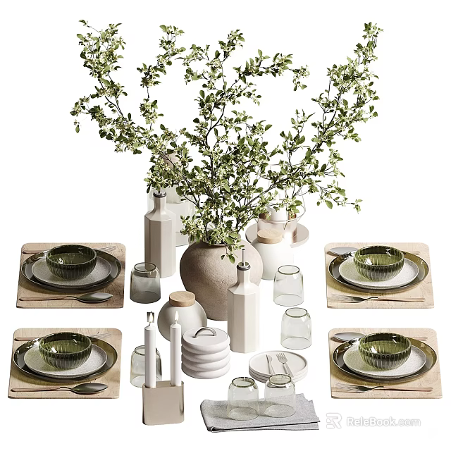 Modern Tableware Set With Green Plants Vase Bowls Plates Cups And Placemats 3d model 