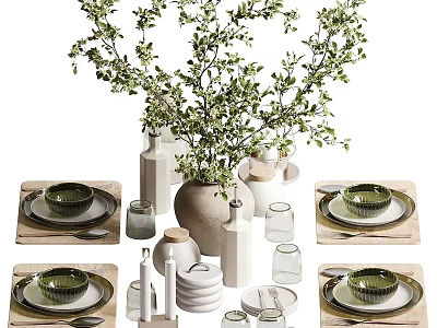 Modern Tableware Set With Green Plants Vase Bowls Plates Cups And Placemats 3d model