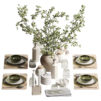 Modern Tableware Set With Green Plants Vase Bowls Plates Cups And Placemats 3d model