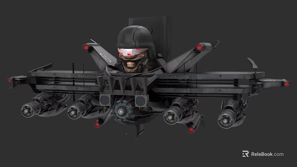 Futuristic Mechanical Weapon with Multiple Barrels Helmet Design and Red Eyes 3d model 