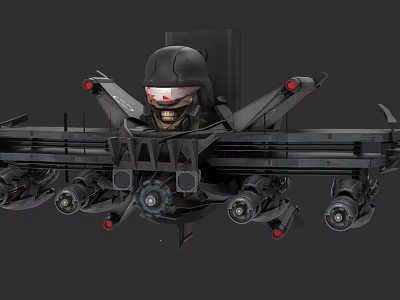 Futuristic Mechanical Weapon with Multiple Barrels Helmet Design and Red Eyes 3d model