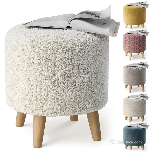 Fluffy White Ottoman Stool With Wooden Legs And Open Book In Multiple Colors 3d model 