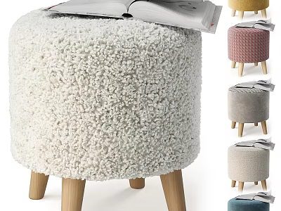 Fluffy White Ottoman Stool With Wooden Legs And Open Book In Multiple Colors 3d model