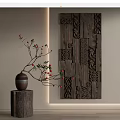 Wooden Wall Decor with Intricate Carved Patterns and Tree Stump Base Vase with Red Berry Branch