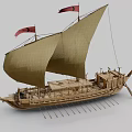 Detailed Wooden Sailing Ship Model With Canvas Sail And Carved Wooden Oars