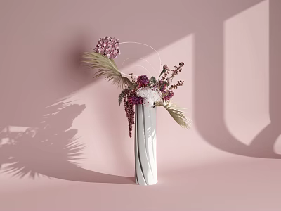 Decorative White Vase With Pink White Purple Flowers And Green Leaves On Pink Background 3d model