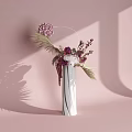 Decorative White Vase With Pink White Purple Flowers And Green Leaves On Pink Background