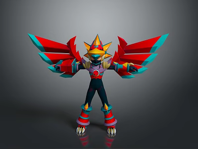Stylized Game Movie Character With Spread Red Blue Wings Golden Headpiece And Black Armor 3d model