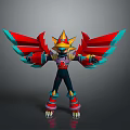 Stylized Game Movie Character With Spread Red Blue Wings Golden Headpiece And Black Armor