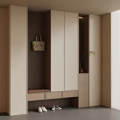 Sleek Modern Shoe Cabinet Design With Wooden Storage Bench Hanging Bag And Decorative Plant 3d model