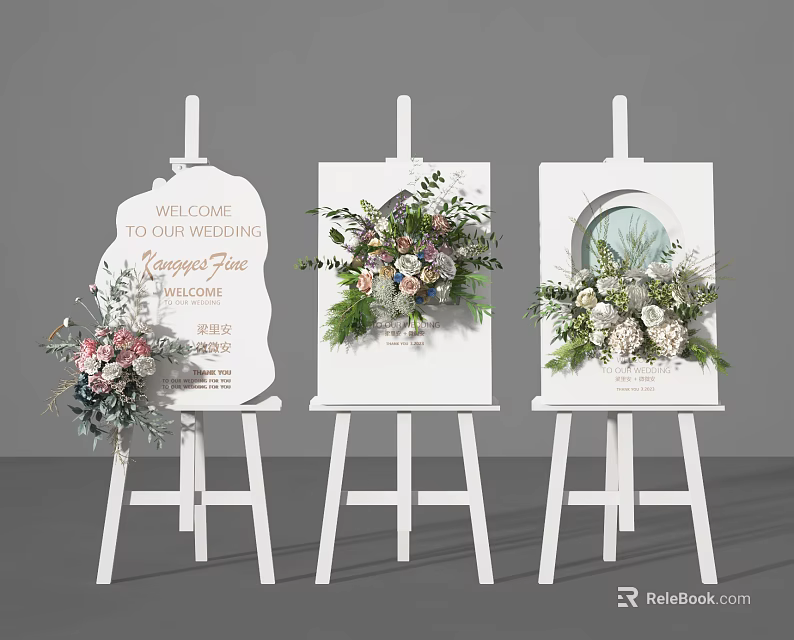 Commercial Equipment White Easels For Wedding Welcome Signs With Floral Decorations 3d model 