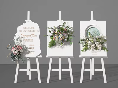 Commercial Equipment White Easels For Wedding Welcome Signs With Floral Decorations 3d model