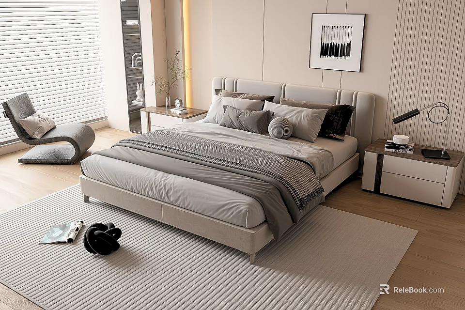 Modern Bedroom Interior With Bed Pillows Striped Blanket Nightstands Lamps Area Rug And Accent Chair 3d model 