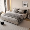 Modern Bedroom Interior With Bed Pillows Striped Blanket Nightstands Lamps Area Rug And Accent Chair