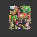 Colorful Toy Animal Characters With Spotted Horse Rabbits Tree Apples Cloud And Flowers