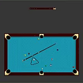 Billiard Table Setup With Blue Felt Surface Wooden Frame And Hanging Cue Rack