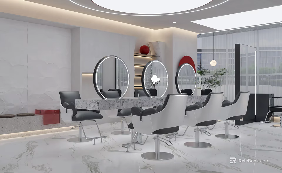 Modern Hair Salon Interior With Styling Chairs Mirrors And Marble Countertops 3d model 