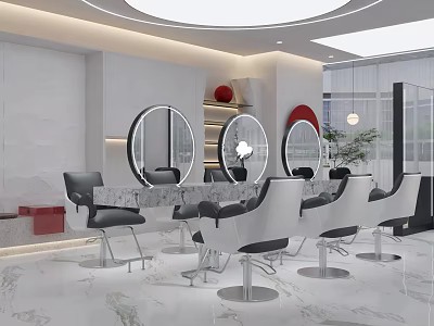 Modern Hair Salon Interior With Styling Chairs Mirrors And Marble Countertops 3d model