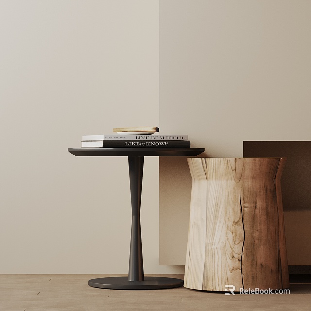 Modern Minimalist Black Side Table with Stack of Books and Wooden Decorative Piece 3d model 