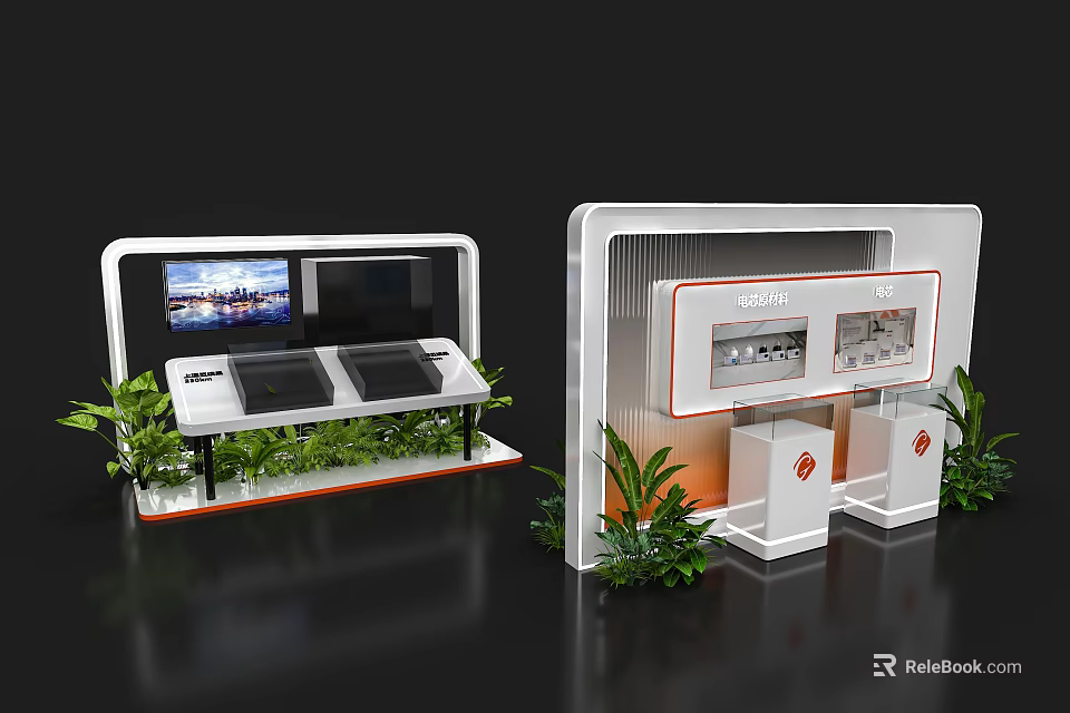 TOSHIBA Exhibition Island With White Black Design Screens Display Windows Green Plants And Cabinets 3d model 