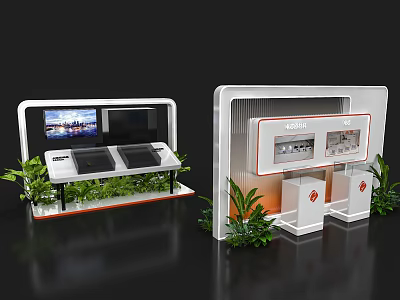 TOSHIBA Exhibition Island With White Black Design Screens Display Windows Green Plants And Cabinets 3d model
