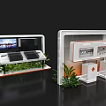 TOSHIBA Exhibition Island With White Black Design Screens Display Windows Green Plants And Cabinets