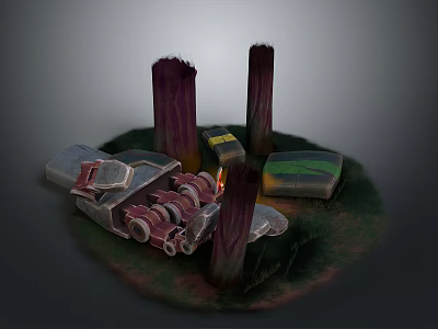 Character And Creature Near Damaged Car Red Pillars Yellow Box Green Object 3d model