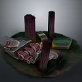 Character And Creature Near Damaged Car Red Pillars Yellow Box Green Object
