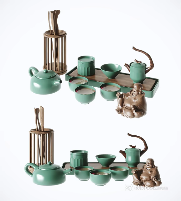 Traditional Ceramic Tea Set With Teapot Teacups Bamboo Tray And Buddha Figurine 3d model 