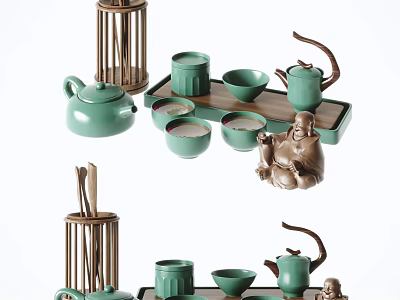 Traditional Ceramic Tea Set With Teapot Teacups Bamboo Tray And Buddha Figurine 3d model