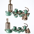 Traditional Ceramic Tea Set With Teapot Teacups Bamboo Tray And Buddha Figurine