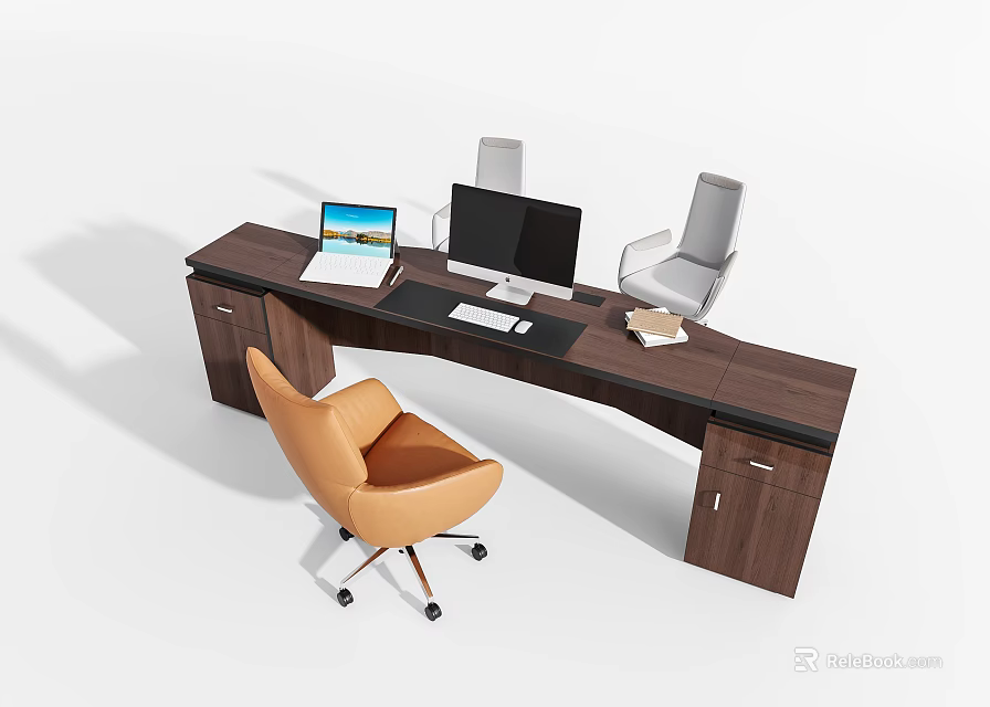 Modern L Shaped Office Desk with Laptop Desktop Monitor Keyboard Mouse and Orange Leather Chair 3d model 