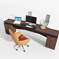 Modern L Shaped Office Desk with Laptop Desktop Monitor Keyboard Mouse and Orange Leather Chair