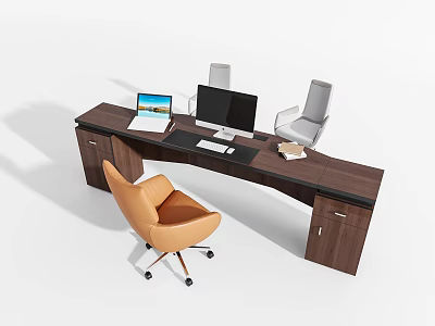 Modern L Shaped Office Desk with Laptop Desktop Monitor Keyboard Mouse and Orange Leather Chair 3d model