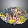 Vibrant Moss And Fallen Leaves In Sunlit Natural Setting Around Tree Stump
