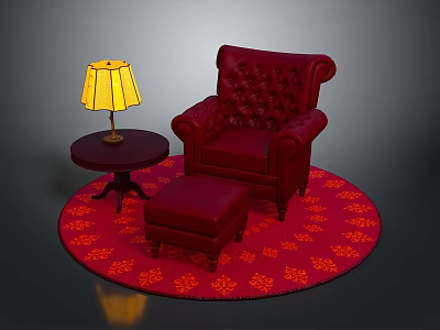 Red Tufted Armchair And Ottoman With Small Table Lamp On Round Rug With Orange Patterns 3d model
