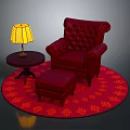 Red Tufted Armchair And Ottoman With Small Table Lamp On Round Rug With Orange Patterns