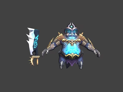 Game And Movie Character Armored Warrior With Blue Glowing Body Spiked Helmet Golden Armor And Sword Weapon 3d model