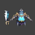 Game And Movie Character Armored Warrior With Blue Glowing Body Spiked Helmet Golden Armor And Sword Weapon
