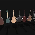 Collection of Musical Instruments and Art Supplies with Diverse Guitars and Red Art Tools