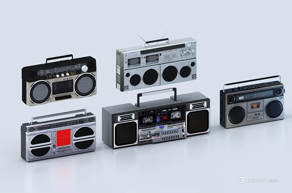 Vintage Radio Cassette Players Various Classic Retro Designs With Speakers And Handles 3d model 