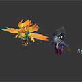 Two Cartoon Bird Like Creatures With Yellow Flame Wings And Blue Beak In Blue Clothing