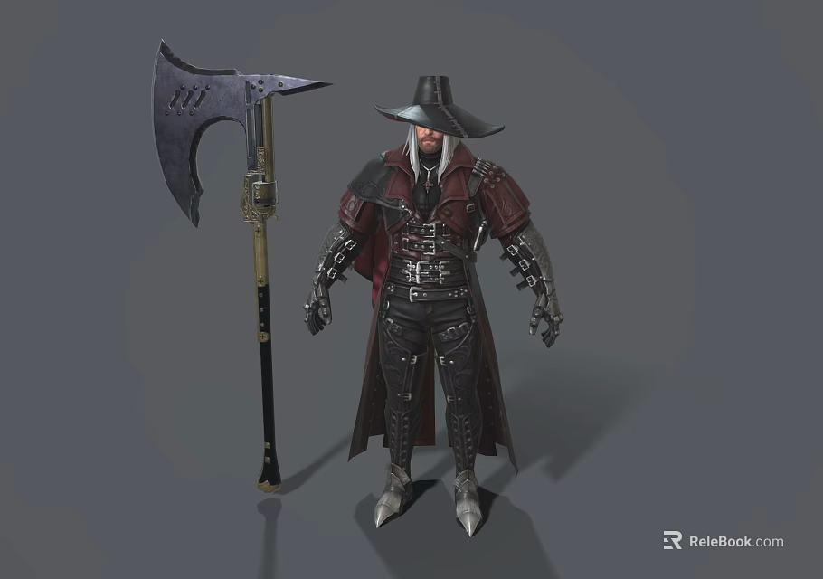 Fantasy Game Character With Wide Brim Hat Beard Armor Cloak And Giant Axe 3d model 
