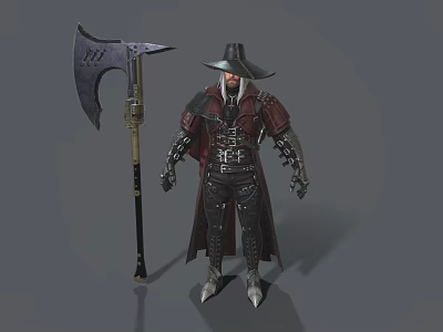 Fantasy Game Character With Wide Brim Hat Beard Armor Cloak And Giant Axe 3d model