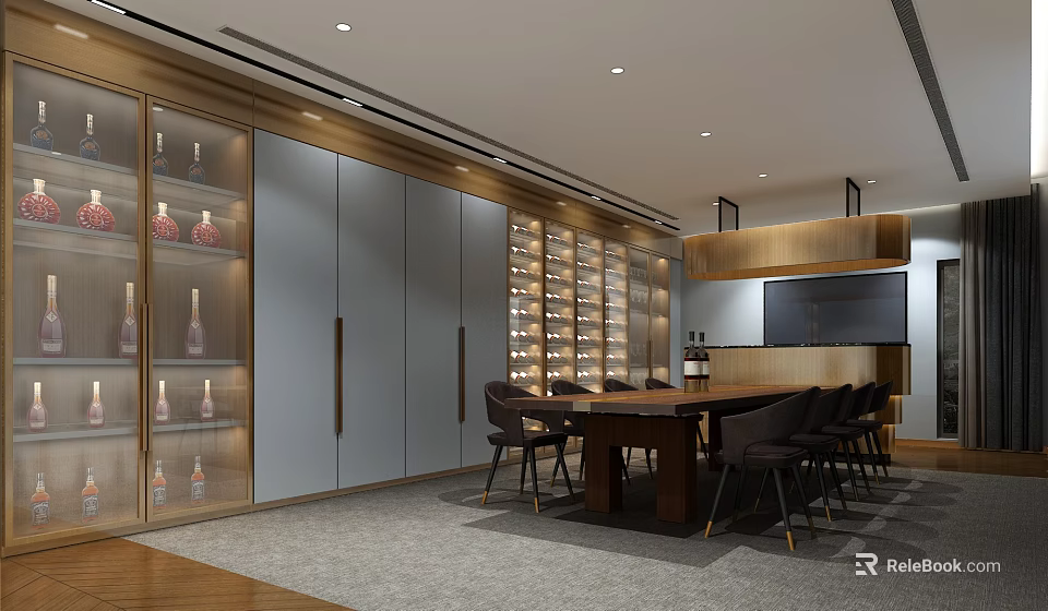Modern Wine Cellar Interior With Wooden Cabinets Dining Table And Chairs 3d model 
