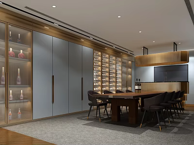 Modern Wine Cellar Interior With Wooden Cabinets Dining Table And Chairs 3d model
