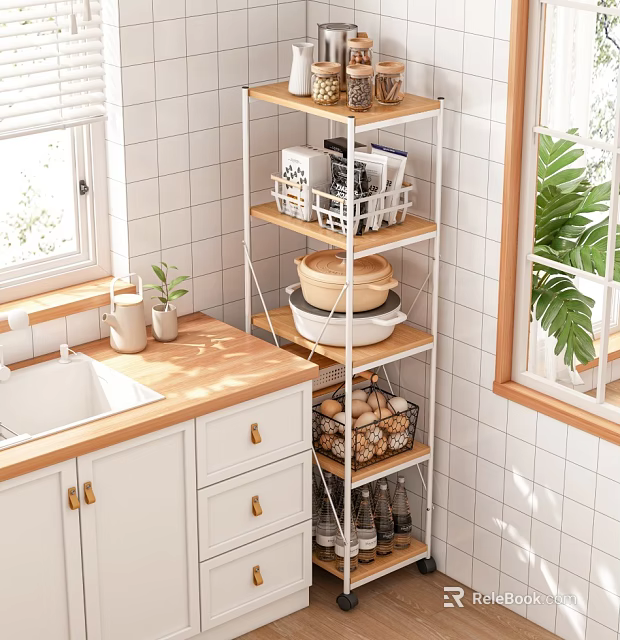 Bathroom Cabinet Shelf Multi Tier White Metal Storage With Baskets Bowls And Bottles 3d model 