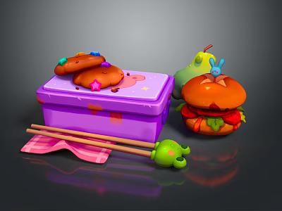 Colorful Decorated Food Items in Purple Lunch Box with Large Hamburger and Chopsticks 3d model
