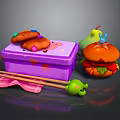 Colorful Decorated Food Items in Purple Lunch Box with Large Hamburger and Chopsticks